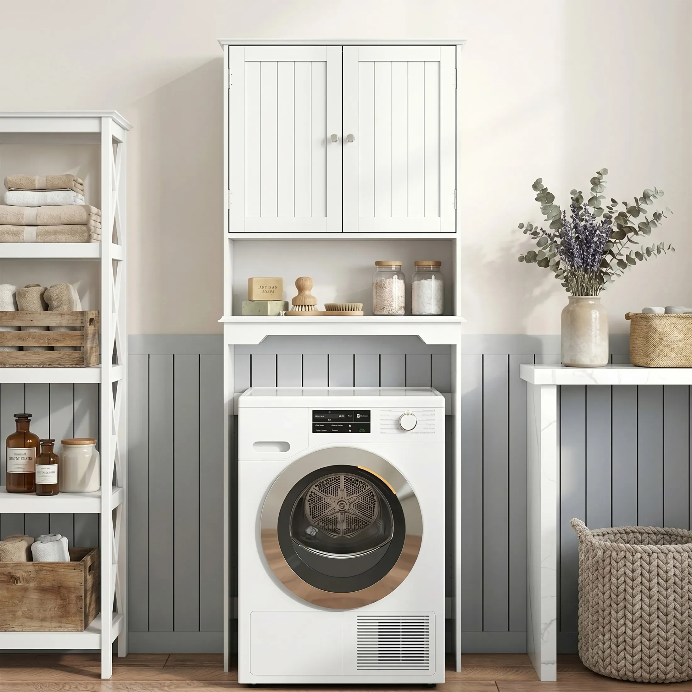Over-the-Toilet Cabinet with Magnetic Doors and Adjustable Stabilizer